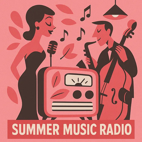 A vibrant illustration of a person listening to music in a summer setting.